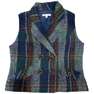 Cabi Heritage Vest 908 Blue Plaid Wool Blend Double Breasted Tweed Academic M
